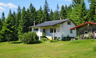 a white house surrounded by trees and grass , with a red barn in the background at Paula