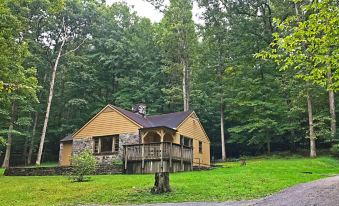 a house with a stone foundation and wooden roof is surrounded by trees on a grassy field at Carter Caves State Resort Park