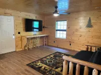 Secluded Cabin with a mountain view, hot tub, full kitchen, and living room.