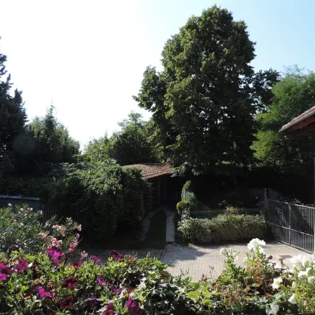 Isolated on hill, flat with terrace,garden among romanesque art,quiet,nature