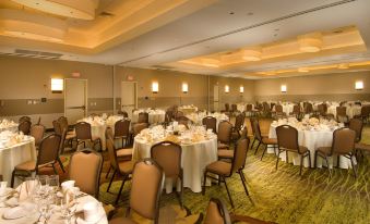 a large dining room with tables and chairs set up for a formal event , possibly a wedding reception at DoubleTree by Hilton Dulles Airport - Sterling
