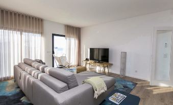 a modern living room with a gray couch , a flat - screen tv , and a rug on the floor at You and the Sea