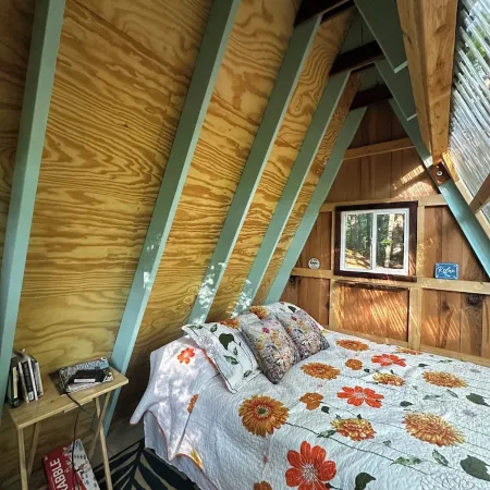 Charming A-frame cabin set in the woods overlooking deep wooded ravines.