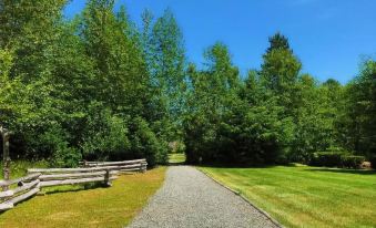 a paved path surrounded by lush green trees , leading to a wooden fence on the right side at Beaver Lake Resort