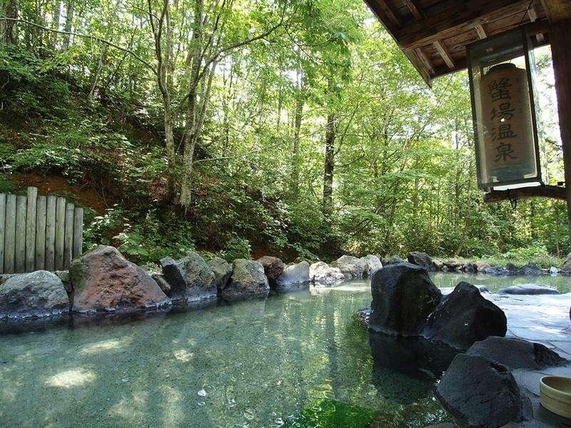 a serene outdoor setting with a small river flowing through lush greenery , surrounded by rocks and trees at Ganiba Onsen