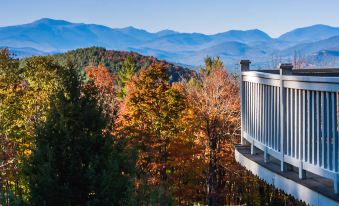 a scenic view of a mountainous landscape with autumn trees and a white balcony on the right at Snowvillage Inn