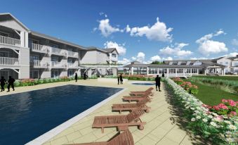 a 3 d rendering of an outdoor pool area with lounge chairs and people walking around at Beaufort Hotel