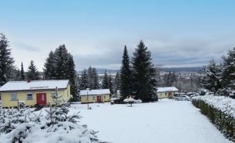 a snow - covered yard with several yellow houses , surrounded by snow - covered trees and a lake in the background at Aurora