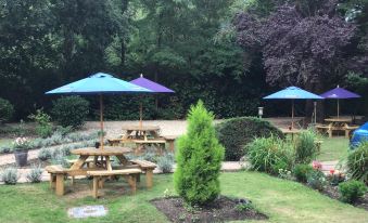 a lush green garden with several picnic tables and umbrellas set up for outdoor dining at Le Chateau