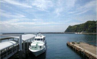 a white ferry is docked at a pier with the ocean and mountains in the background at Chisun Inn Munakata