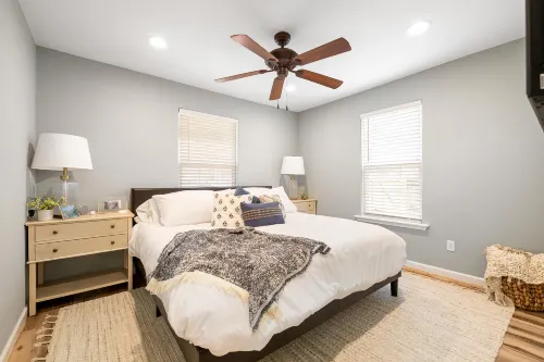 Dog-friendly home with a firepit, yard, washer/dryer, central AC & game room