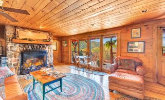 a cozy living room with wooden walls , a fireplace , and a view of the outdoors at North Fork Mountain Inn