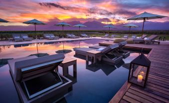 a large outdoor pool surrounded by lounge chairs and umbrellas , with a beautiful sunset in the background at The Vines Resort & Spa