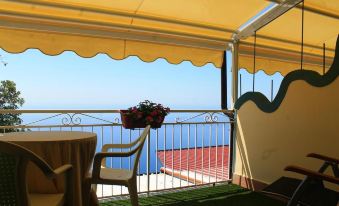 a balcony with a view of the ocean , featuring a dining table and chairs , as well as potted plants at Leonardo's