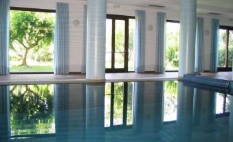 a large indoor swimming pool surrounded by pillars , creating a serene and inviting atmosphere for relaxation and enjoyment at Hotel Martino