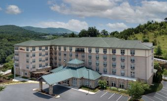 an aerial view of a large hotel with a green roof and the surrounding mountains in the background at HIlton Garden Inn Roanoke