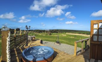 a wooden deck with a hot tub , surrounded by lush greenery and a beautiful blue sky at Trenewydd Farm Holiday Cottages