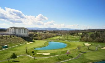 a golf course with a blue water body in the middle , surrounded by green grass and trees at DoubleTree by Hilton Front Royal Blue Ridge Shadows