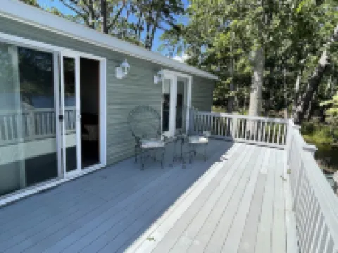 Waterfront Bungalow Nightly Panoramic View of Our Illuminated Covered Bridge