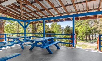 a blue picnic table is set up under a covered area with a view of trees at Discovery Parks - Jindabyne