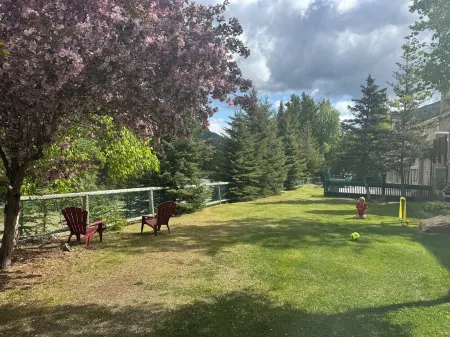 Boho theme, Ground floor patio with green space and creek view. 2 min to gondola