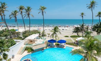 a beautiful swimming pool surrounded by palm trees and umbrellas , with the ocean in the background at Hotel Dann Cartagena