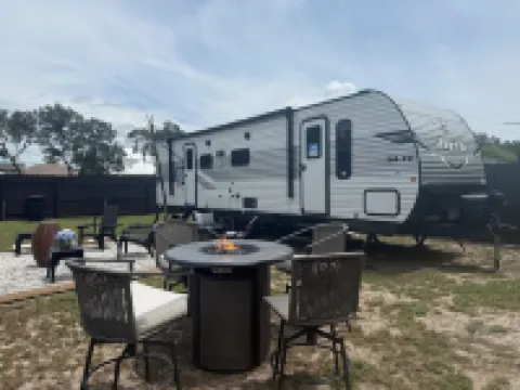 Cozy RV Retreat with Private Hot Tub and Fenced Yard