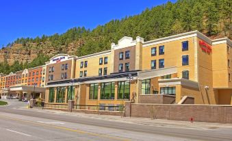 "a large building with a blue sign that says "" holiday inn express "" is surrounded by trees" at SpringHill Suites Deadwood