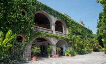 a large , green - covered building with an arched entrance and balconies , surrounded by lush greenery and potted plants at Hacienda San Gabriel de las Palmas