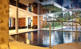 a large indoor swimming pool surrounded by glass walls , with a man standing near the edge of the pool at Hotel Grüner Baum