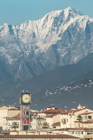 Fly in Viareggio beach in front of the famous promenade with shops and establishments