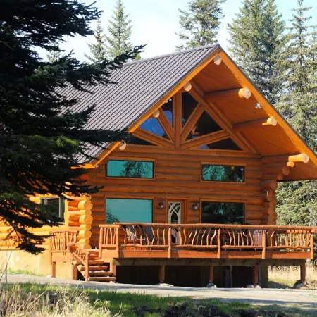 Unique Alaskan log home in trees & wild flowers on 14-acre private homestead.