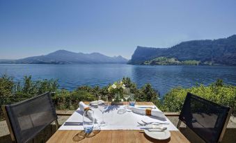 a dining table set up for a meal , with a beautiful view of a lake and mountains in the background at Seehotel Kastanienbaum
