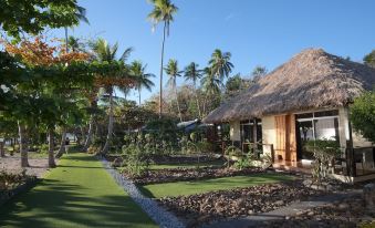 a small house surrounded by a lush green lawn , with palm trees in the background at Nanuya Island Resort
