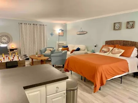 Studio Charm w/ Deck, Fireplace & Fooseball!: Walk to Beach, Boardwalk & Dining!