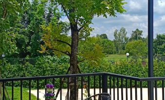 a black metal railing overlooking a lush green landscape , with a table and chairs placed on the balcony at JC Resort