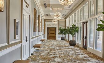 a long hallway with a patterned carpet , potted plants , and chandeliers hanging from the ceiling at The Grand Hotel Golf Resort & Spa, Autograph Collection