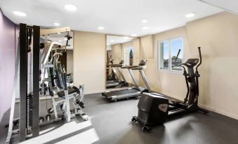 a well - equipped gym with various exercise equipment , including treadmills , weight machines , and free weights , under a large window at Best Western le Beffroi