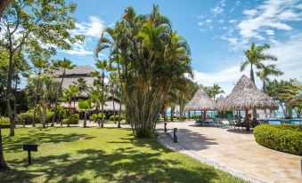 a tropical resort with thatched - roof huts , palm trees , and a pool area under a clear blue sky at Barcelo Tambor - All Inclusive