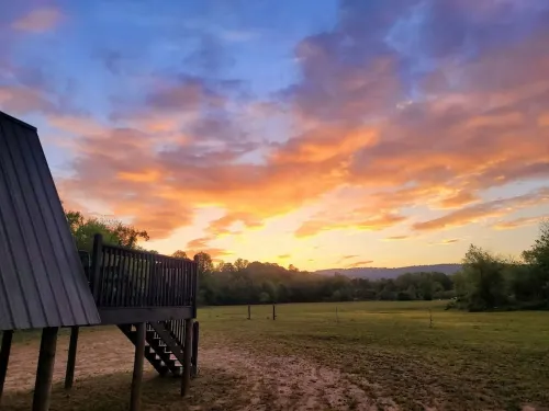 Camp under Blue Ridge Mtn sky river A Frame Cabin
