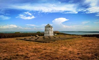 a white lighthouse stands on a grassy field near the ocean , surrounded by blue skies and white clouds at Casablanca