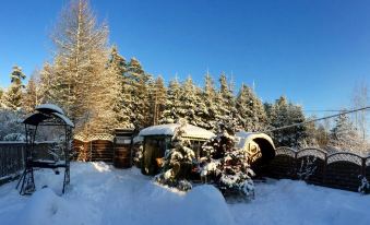 a snowy forest scene with a wooden building surrounded by trees and a blue sky at Viking