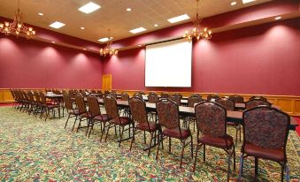 a conference room with red walls , wooden walls , and a large screen at the front at Norfolk Lodge & Suites, Ascend Hotel Collection