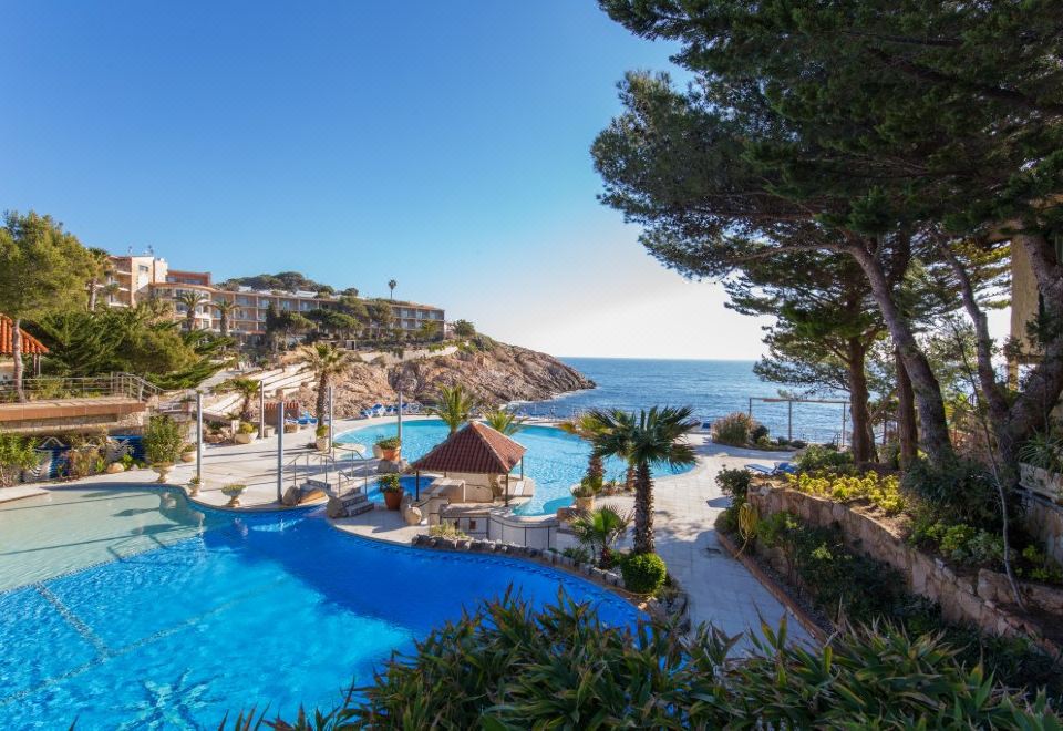 a large swimming pool surrounded by palm trees , with a view of the ocean in the background at Eden Roc Hotel & Spa by Brava Hoteles