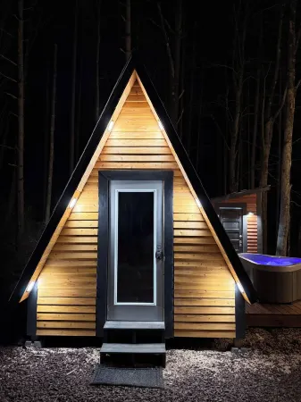 Glamp in this Cozy Tiny A-Frame Cabin: Electricity, Heating, AC, Wi-Fi & Hot Tub