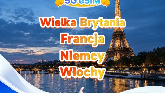 Wielka Brytania, Francja, Niemcy, Włochy 5G eSIM | Wiele sieci · Wsparcie dla All AI i TikTok | 500 MB/dzień - łącznie 50 GB | 1-30 dni | Rozliczenie 24-godzinne | Kod QR