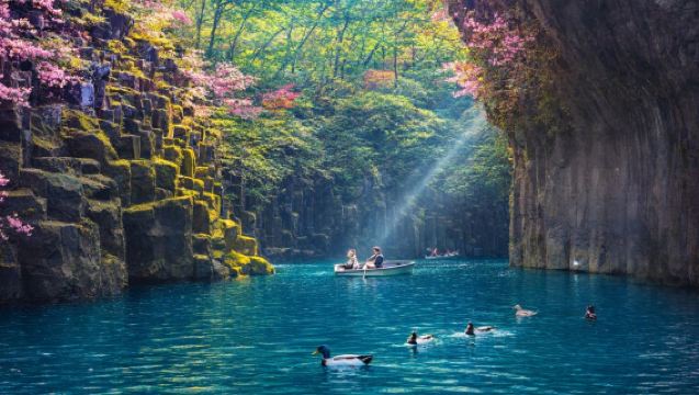 Eendaagse tour naar Takachiho Kloof boottocht met kersenbloesems in Miyazaki, Kyushu · Aso vulkaan in Kumamoto · inclusief pendelbus + Kusasenri