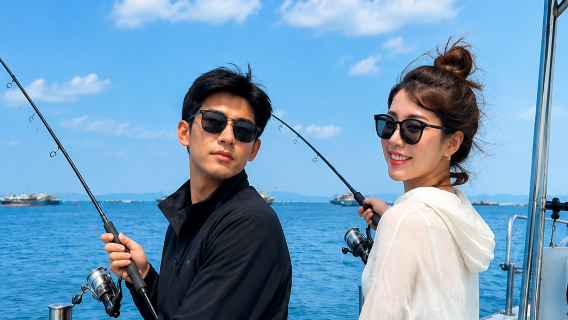 "Memancing Laut dengan Bot Laju Zhanjiang · Kapten Profesional" Memancing laut + kebebasan menangkap ikan · Pengalaman biru laut