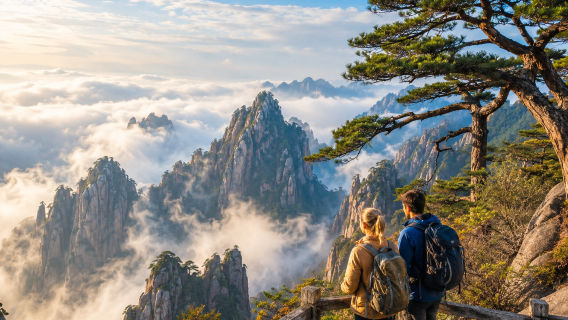 Huangshan private 1-day tour of wonderland above the clouds · Yungu up Yuping down · Greeting Pine Bright Summit