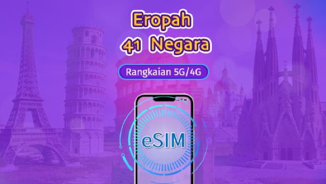 Eropah (41 negara) | eSIM 5G/4G | Pas Harian/Pakej Jumlah | Bil harian semula jadi | 1-90 hari | Kod QR